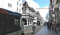 Fore Street at night The Guildhall has seen horses, carriages, trams, tanks, bicycles and buses pass its columns