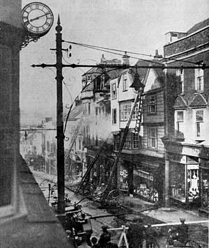 A fire in Fore Street during the 1930s. A fire in Fore Street during the 1930s.