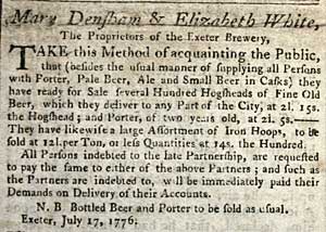 Exeter Brewery advert in 1776 Exeter Brewery advert in 1776